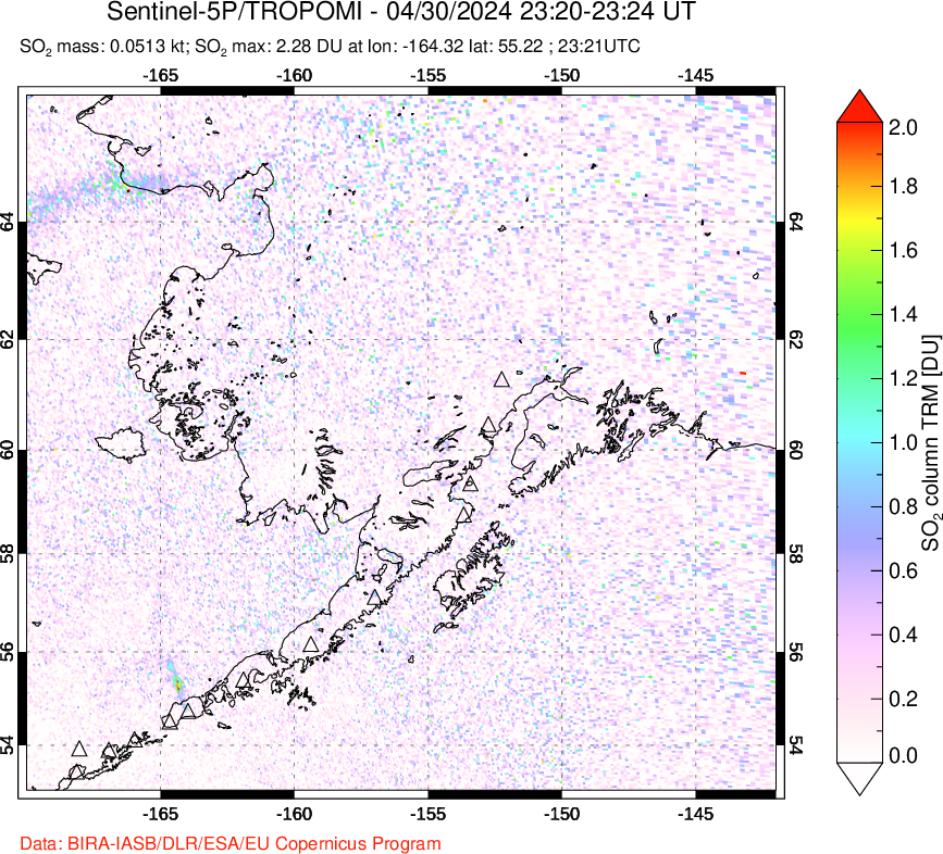 A sulfur dioxide image over Alaska, USA on Apr 30, 2024.