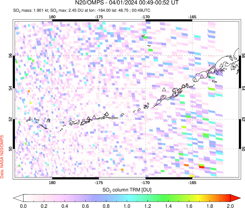 A sulfur dioxide image over Aleutian Islands, Alaska, USA on Apr 01, 2024.