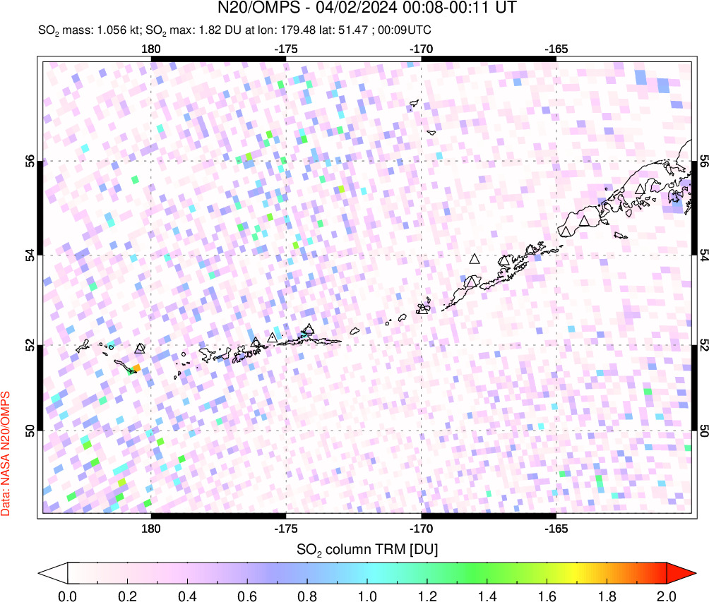 A sulfur dioxide image over Aleutian Islands, Alaska, USA on Apr 02, 2024.