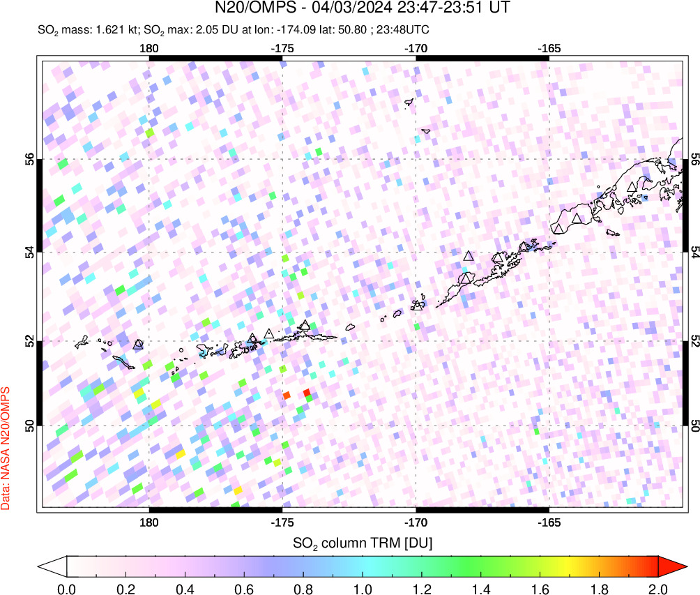 A sulfur dioxide image over Aleutian Islands, Alaska, USA on Apr 03, 2024.