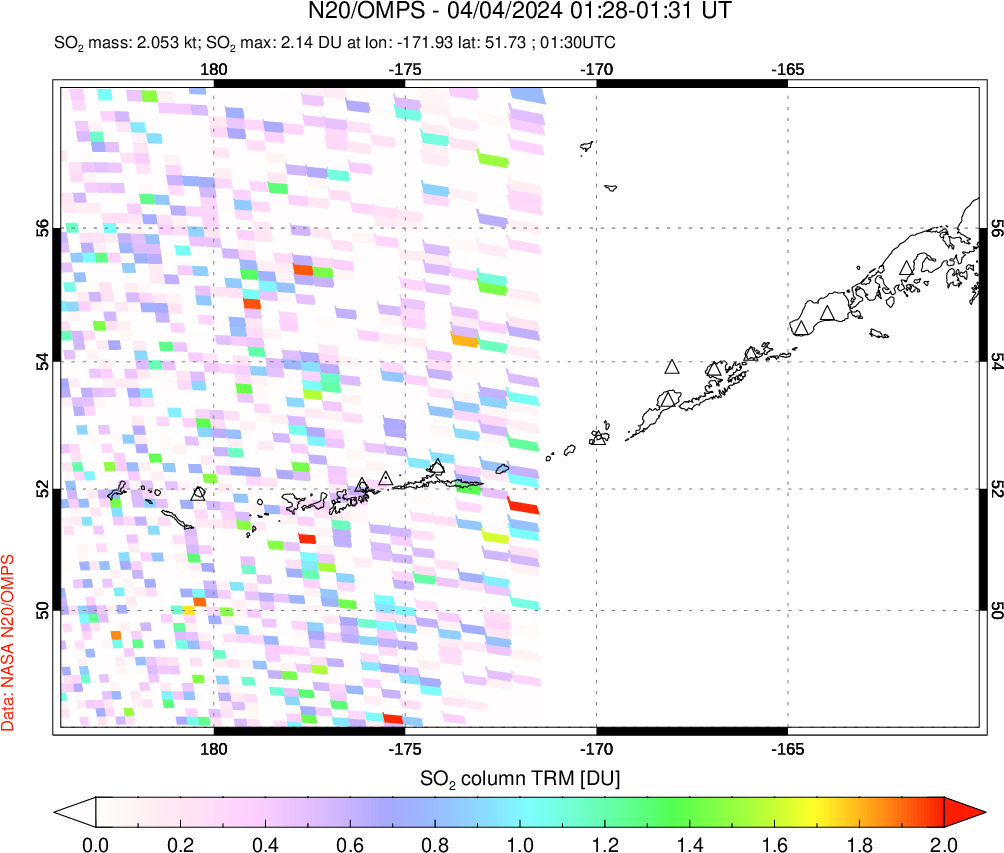 A sulfur dioxide image over Aleutian Islands, Alaska, USA on Apr 04, 2024.