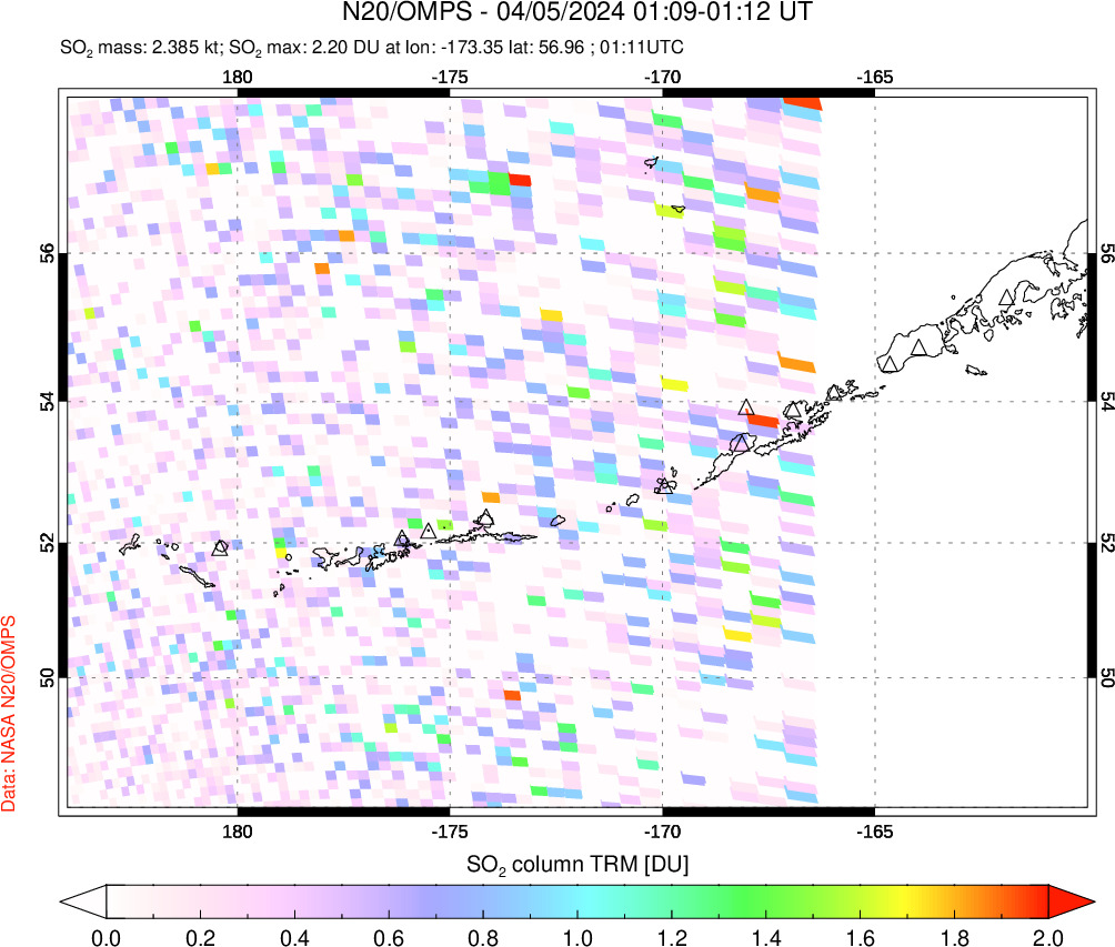 A sulfur dioxide image over Aleutian Islands, Alaska, USA on Apr 05, 2024.