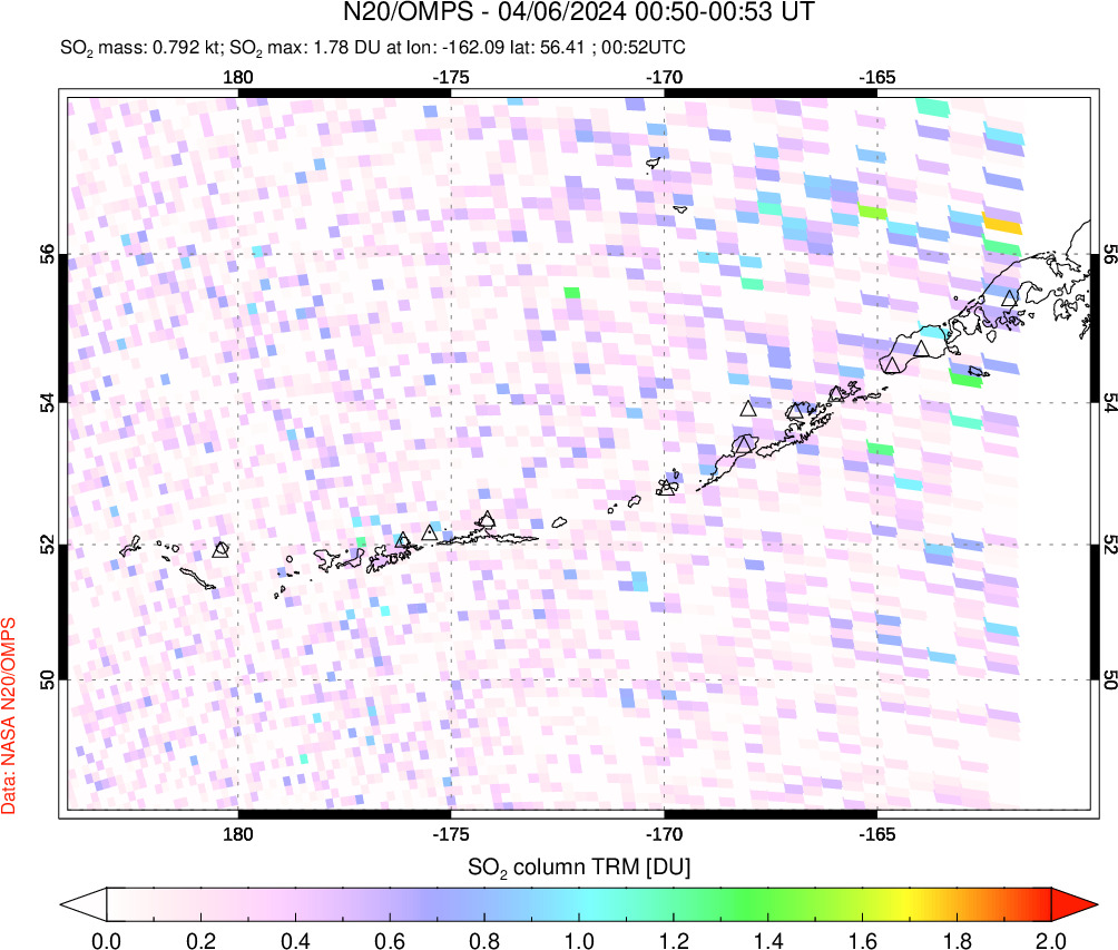 A sulfur dioxide image over Aleutian Islands, Alaska, USA on Apr 06, 2024.