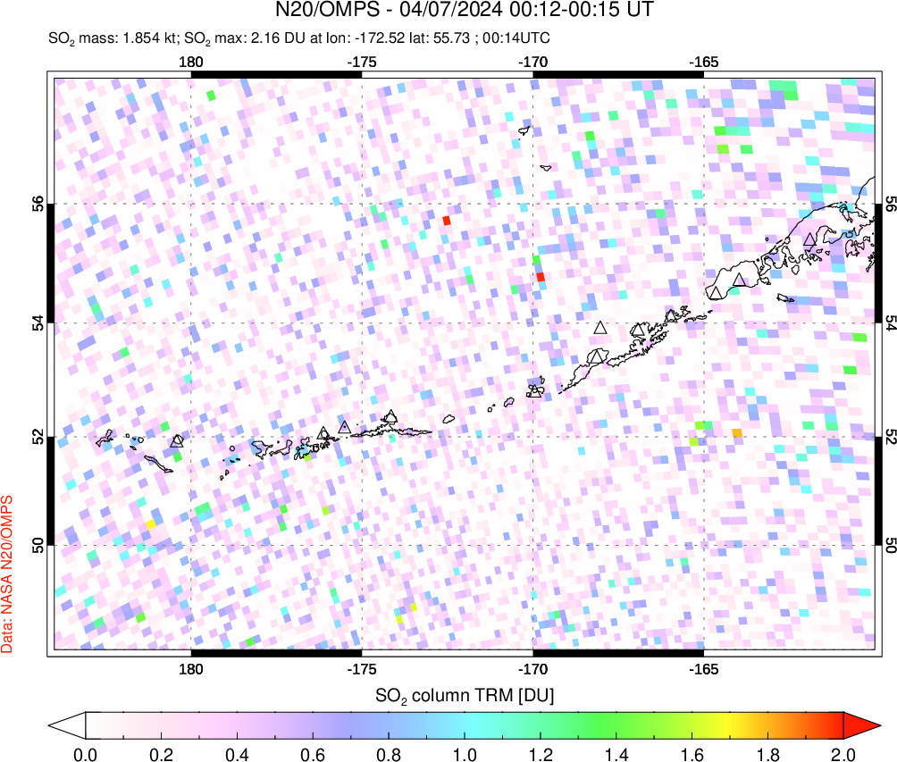 A sulfur dioxide image over Aleutian Islands, Alaska, USA on Apr 07, 2024.