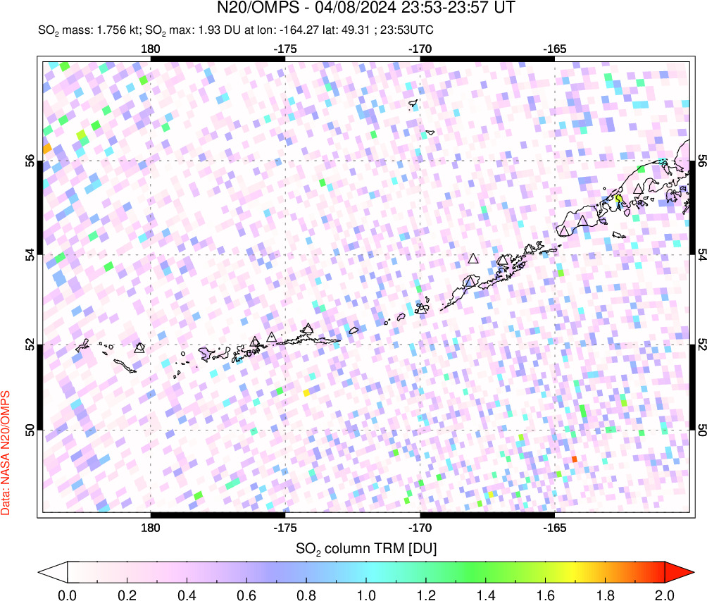 A sulfur dioxide image over Aleutian Islands, Alaska, USA on Apr 08, 2024.