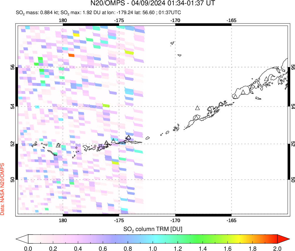 A sulfur dioxide image over Aleutian Islands, Alaska, USA on Apr 09, 2024.