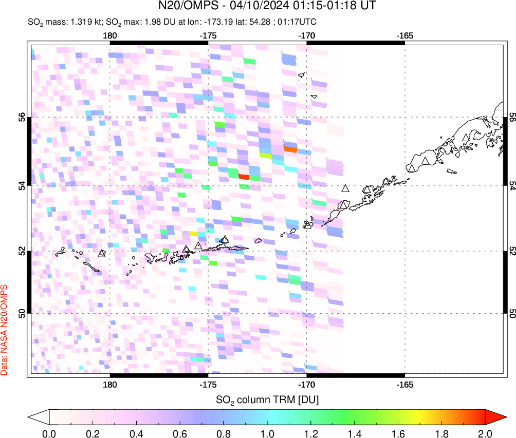 A sulfur dioxide image over Aleutian Islands, Alaska, USA on Apr 10, 2024.