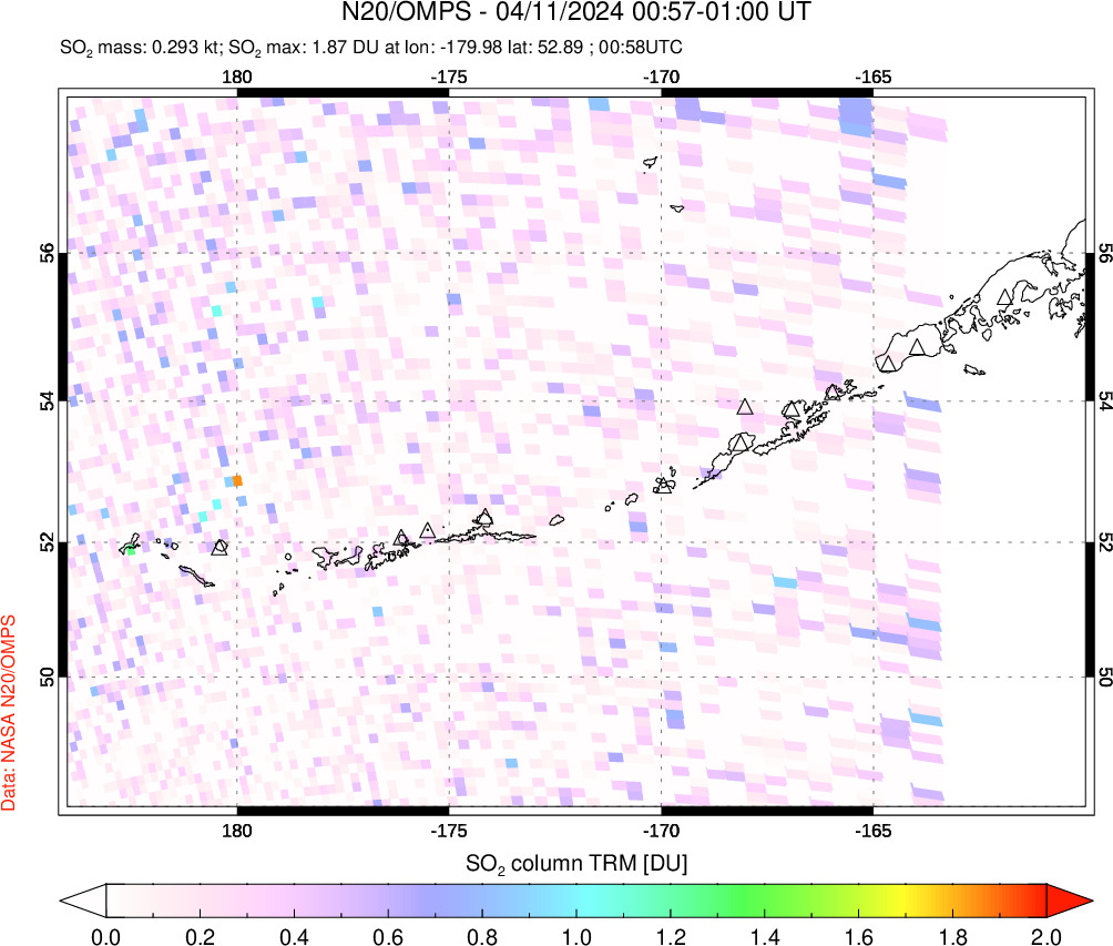 A sulfur dioxide image over Aleutian Islands, Alaska, USA on Apr 11, 2024.