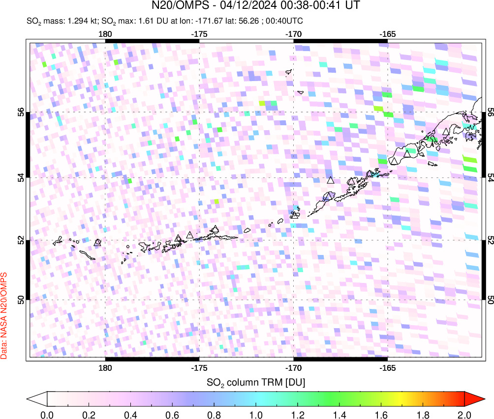 A sulfur dioxide image over Aleutian Islands, Alaska, USA on Apr 12, 2024.