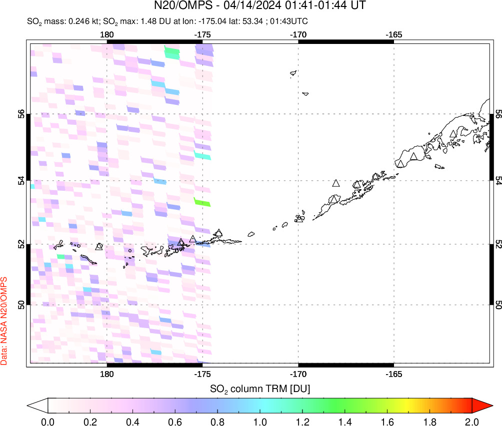 A sulfur dioxide image over Aleutian Islands, Alaska, USA on Apr 14, 2024.