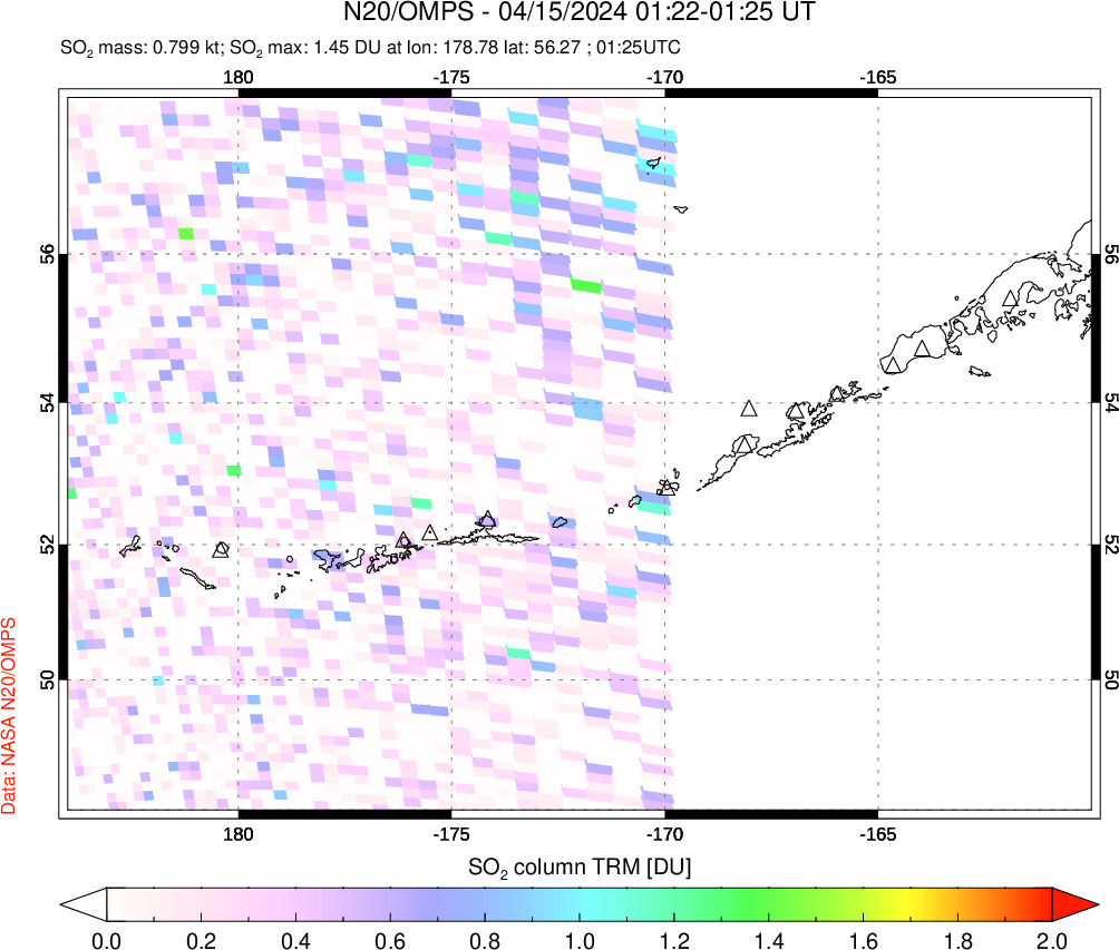 A sulfur dioxide image over Aleutian Islands, Alaska, USA on Apr 15, 2024.