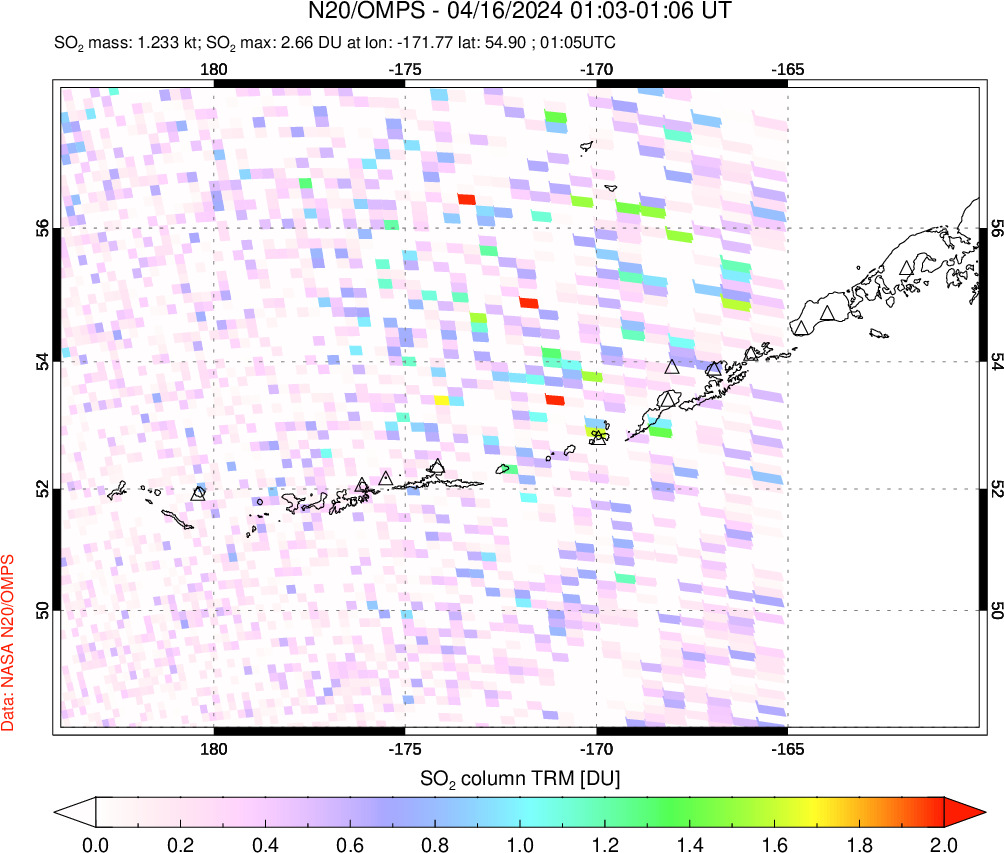 A sulfur dioxide image over Aleutian Islands, Alaska, USA on Apr 16, 2024.