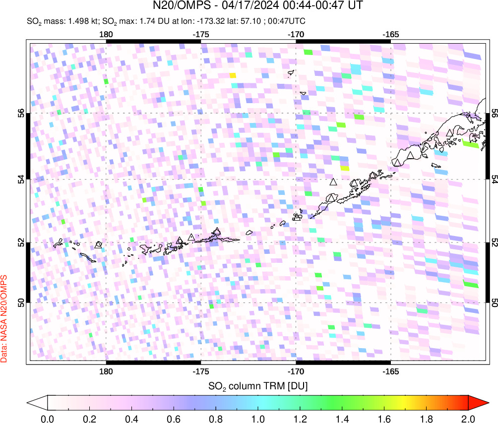 A sulfur dioxide image over Aleutian Islands, Alaska, USA on Apr 17, 2024.