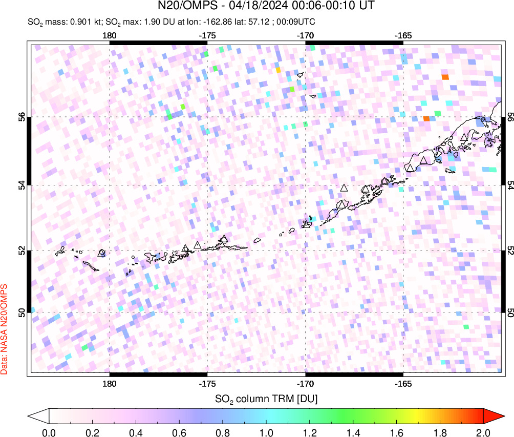 A sulfur dioxide image over Aleutian Islands, Alaska, USA on Apr 18, 2024.