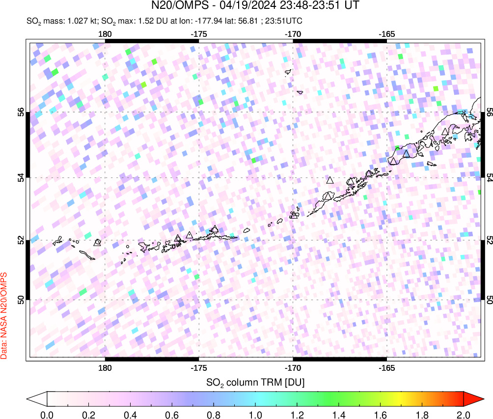 A sulfur dioxide image over Aleutian Islands, Alaska, USA on Apr 19, 2024.