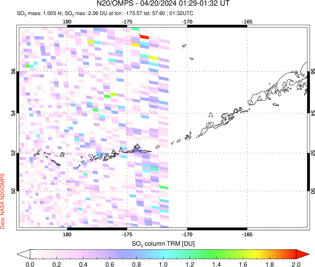 A sulfur dioxide image over Aleutian Islands, Alaska, USA on Apr 20, 2024.