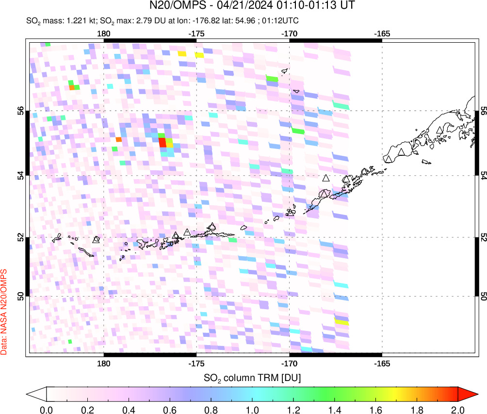 A sulfur dioxide image over Aleutian Islands, Alaska, USA on Apr 21, 2024.