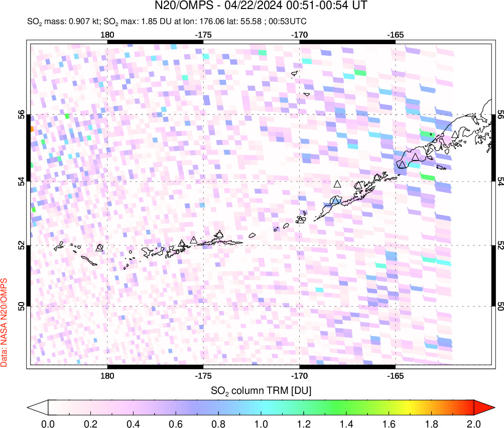 A sulfur dioxide image over Aleutian Islands, Alaska, USA on Apr 22, 2024.