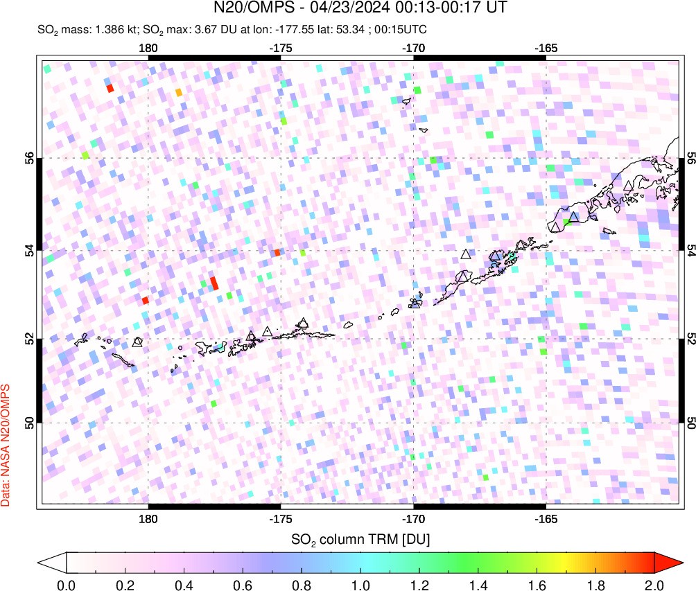 A sulfur dioxide image over Aleutian Islands, Alaska, USA on Apr 23, 2024.