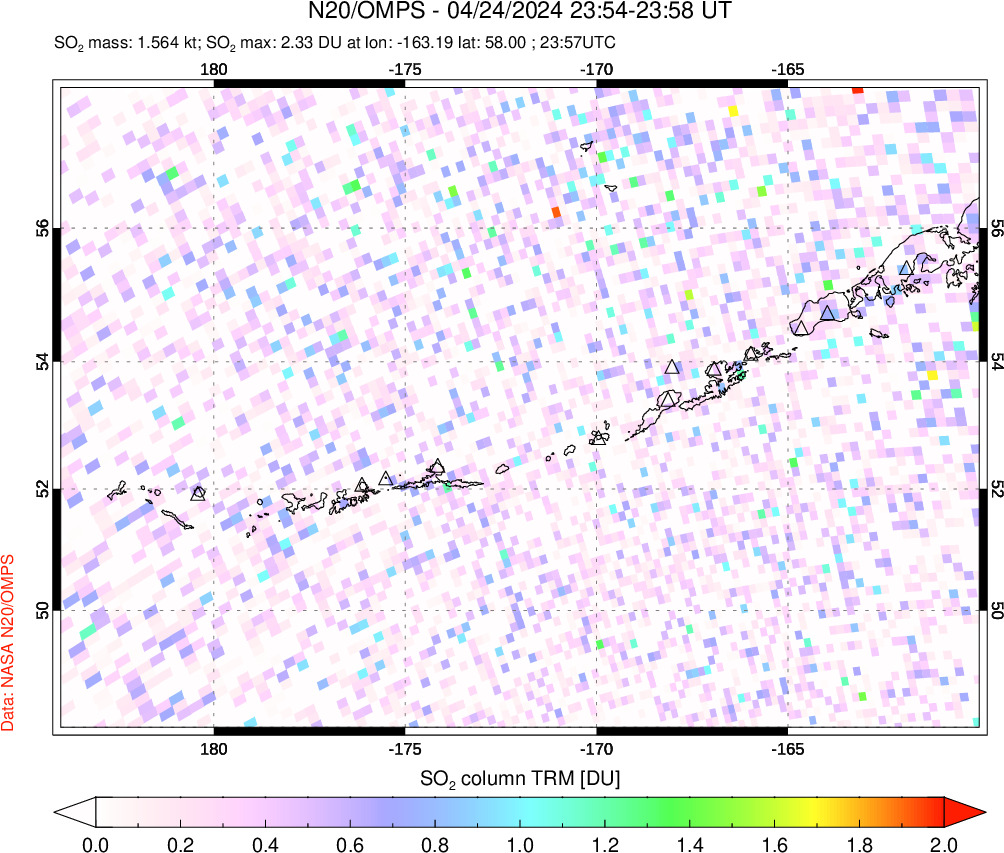 A sulfur dioxide image over Aleutian Islands, Alaska, USA on Apr 24, 2024.