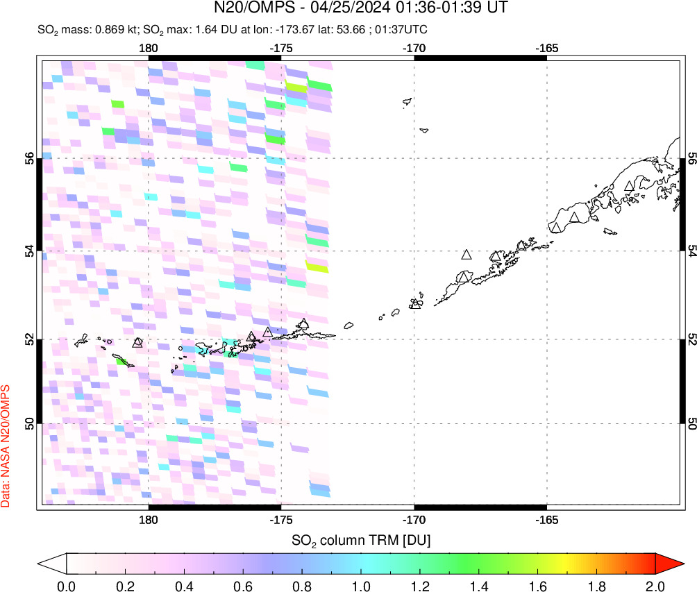 A sulfur dioxide image over Aleutian Islands, Alaska, USA on Apr 25, 2024.