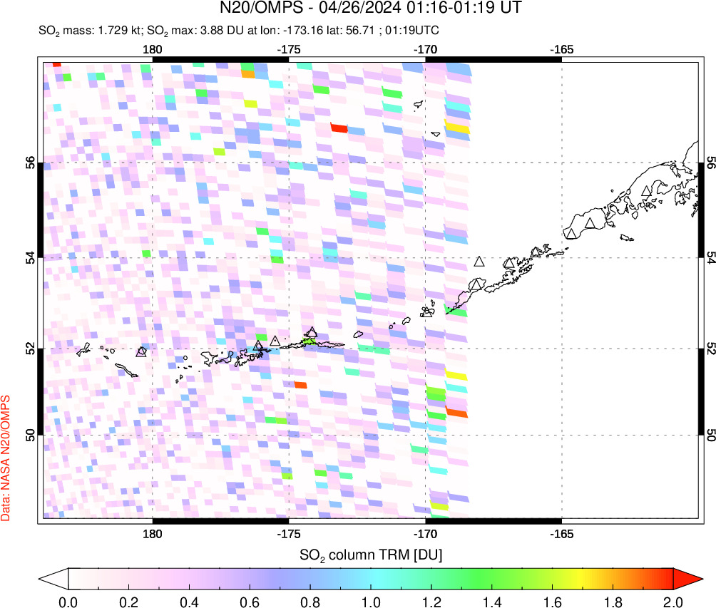 A sulfur dioxide image over Aleutian Islands, Alaska, USA on Apr 26, 2024.