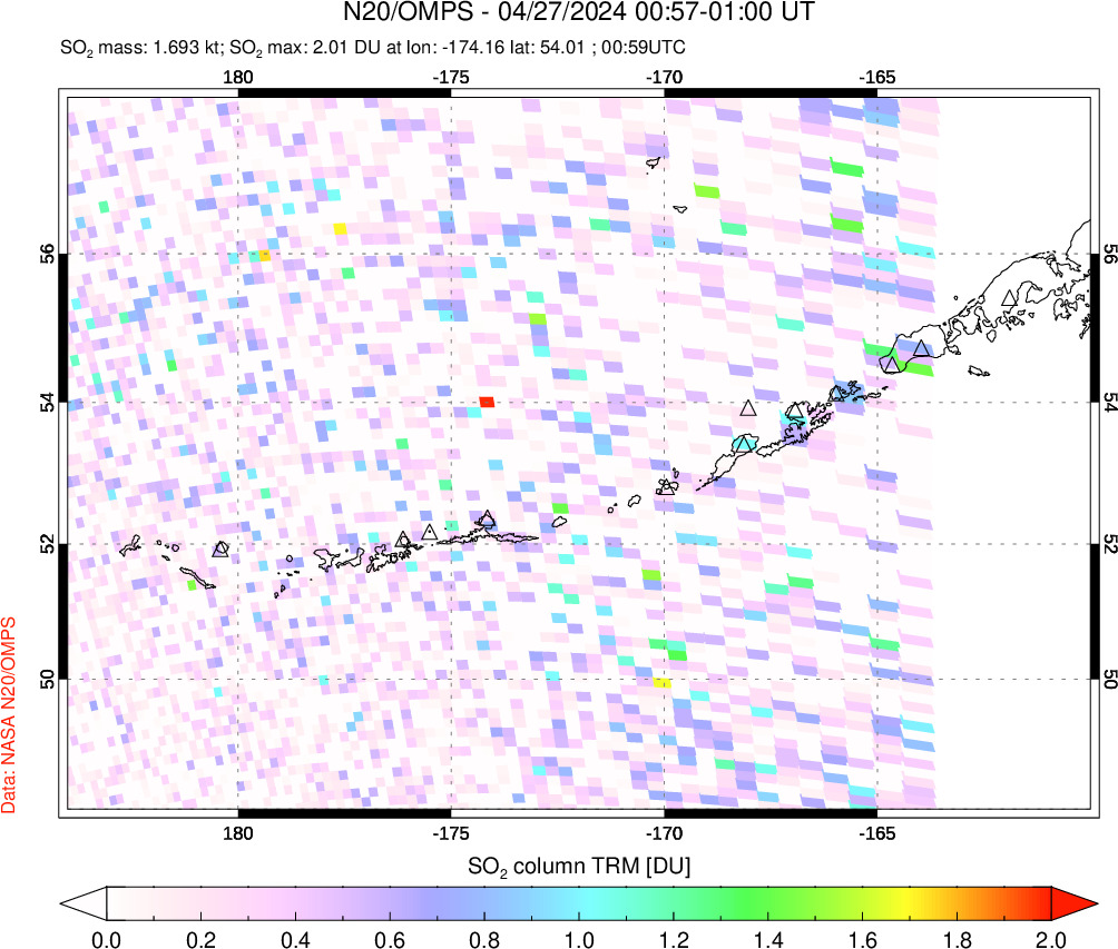 A sulfur dioxide image over Aleutian Islands, Alaska, USA on Apr 27, 2024.