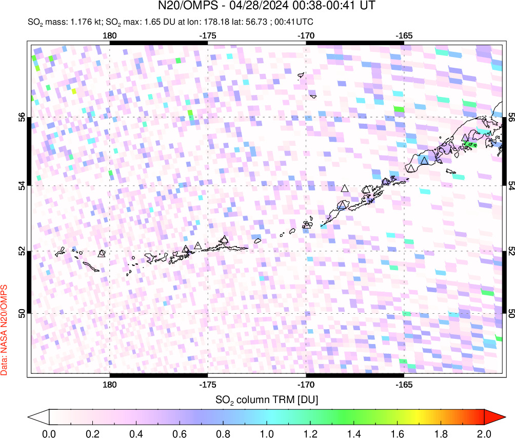 A sulfur dioxide image over Aleutian Islands, Alaska, USA on Apr 28, 2024.