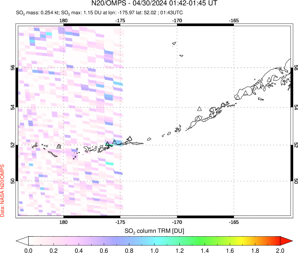 A sulfur dioxide image over Aleutian Islands, Alaska, USA on Apr 30, 2024.