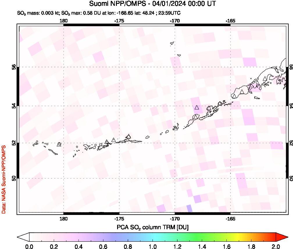 A sulfur dioxide image over Aleutian Islands, Alaska, USA on Apr 01, 2024.