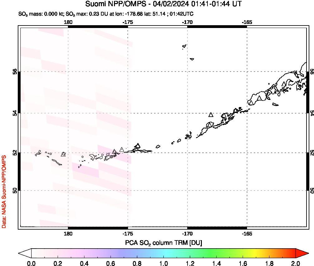 A sulfur dioxide image over Aleutian Islands, Alaska, USA on Apr 02, 2024.