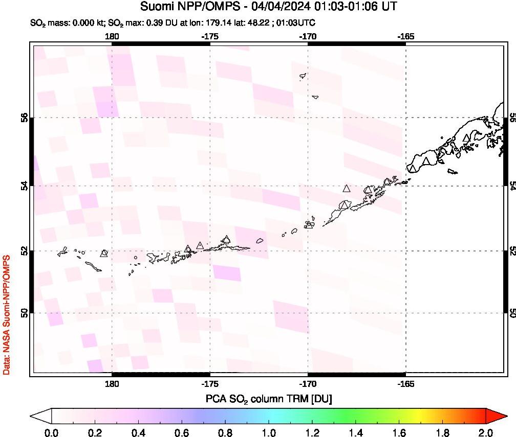 A sulfur dioxide image over Aleutian Islands, Alaska, USA on Apr 04, 2024.