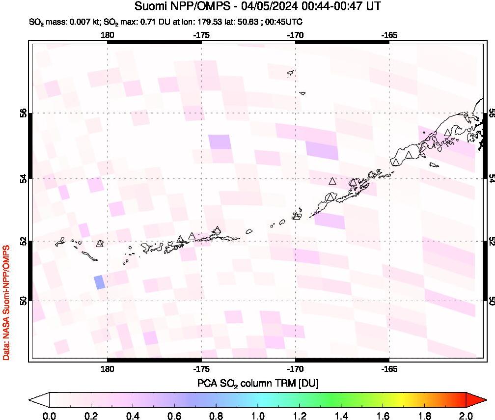 A sulfur dioxide image over Aleutian Islands, Alaska, USA on Apr 05, 2024.