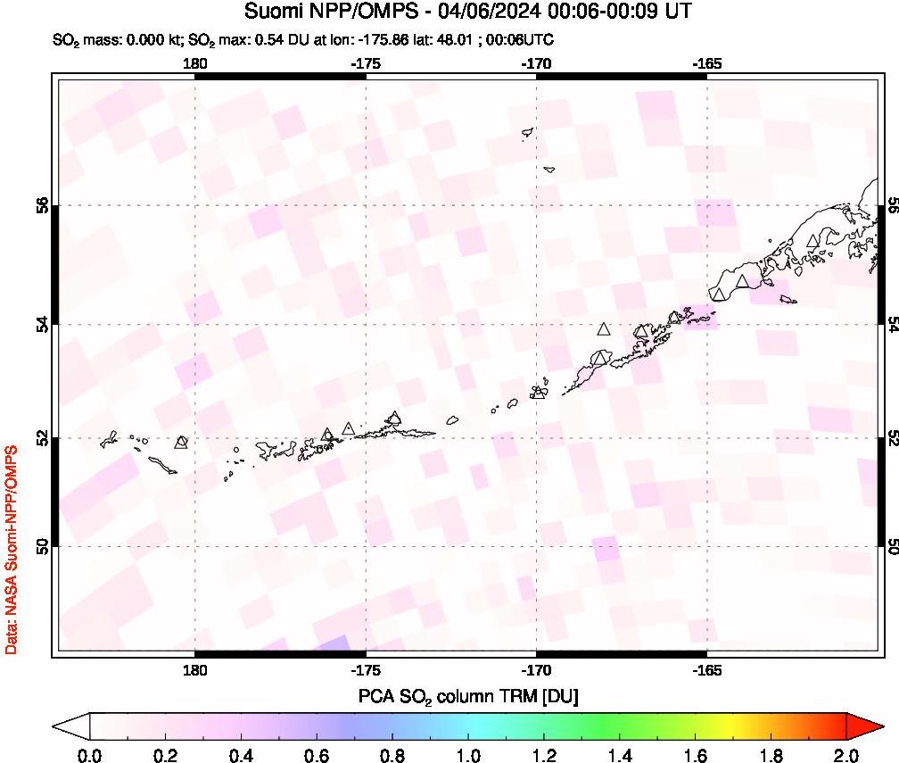 A sulfur dioxide image over Aleutian Islands, Alaska, USA on Apr 06, 2024.