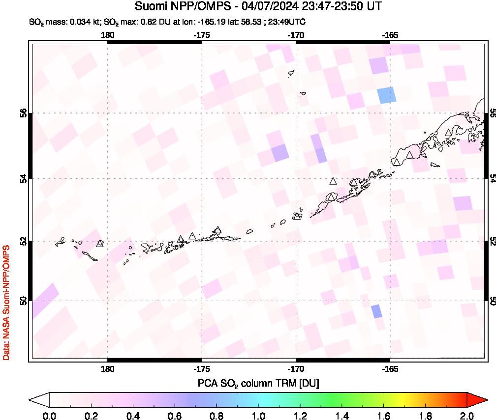 A sulfur dioxide image over Aleutian Islands, Alaska, USA on Apr 07, 2024.