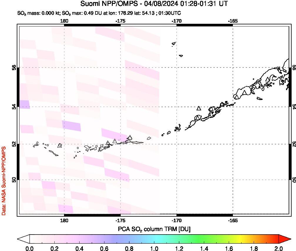 A sulfur dioxide image over Aleutian Islands, Alaska, USA on Apr 08, 2024.