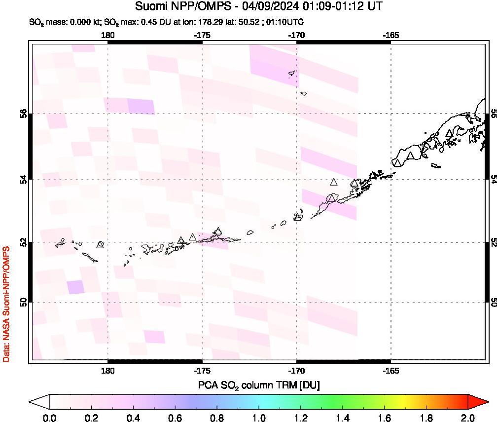 A sulfur dioxide image over Aleutian Islands, Alaska, USA on Apr 09, 2024.