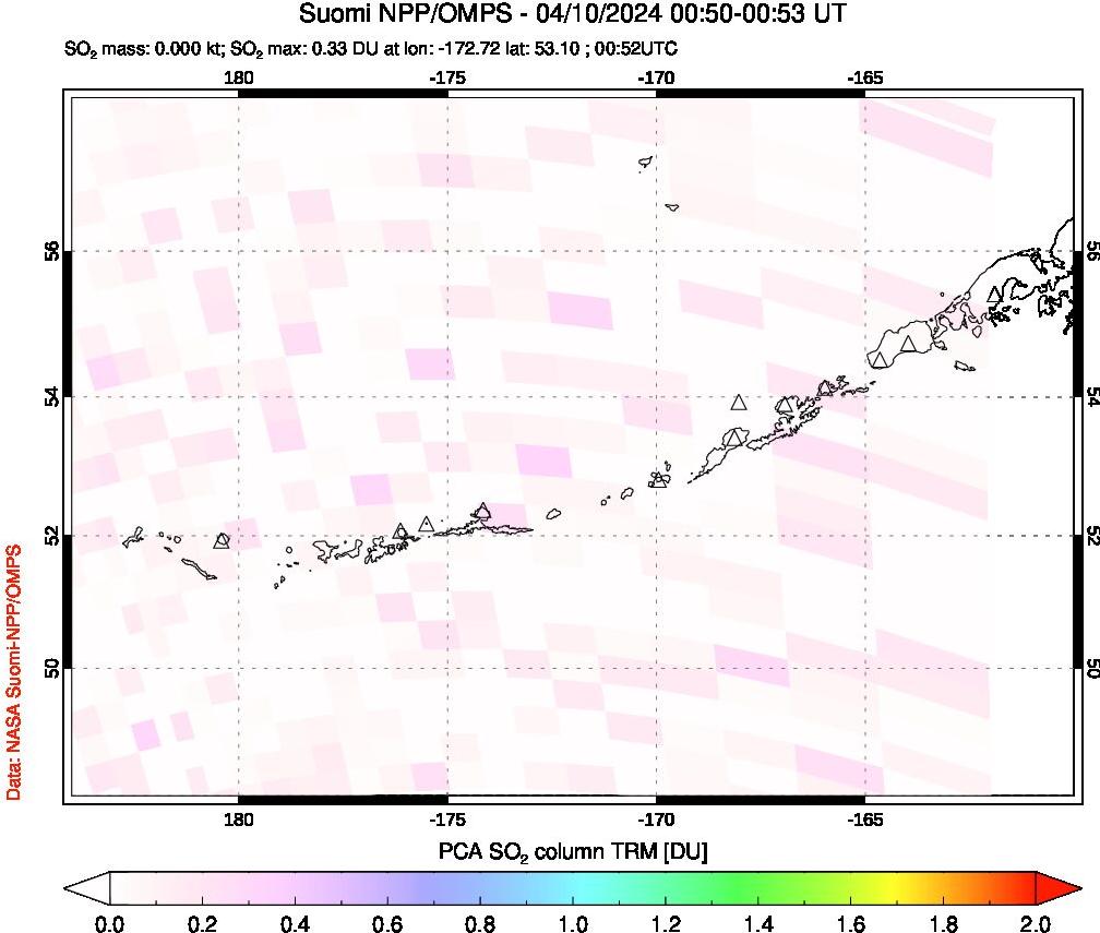 A sulfur dioxide image over Aleutian Islands, Alaska, USA on Apr 10, 2024.