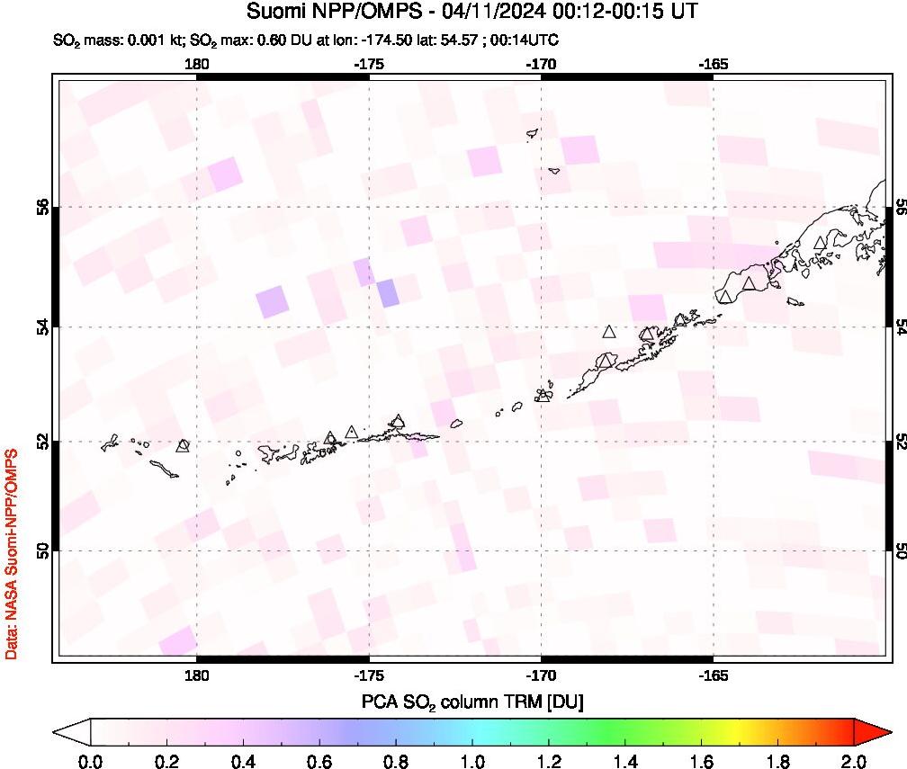 A sulfur dioxide image over Aleutian Islands, Alaska, USA on Apr 11, 2024.