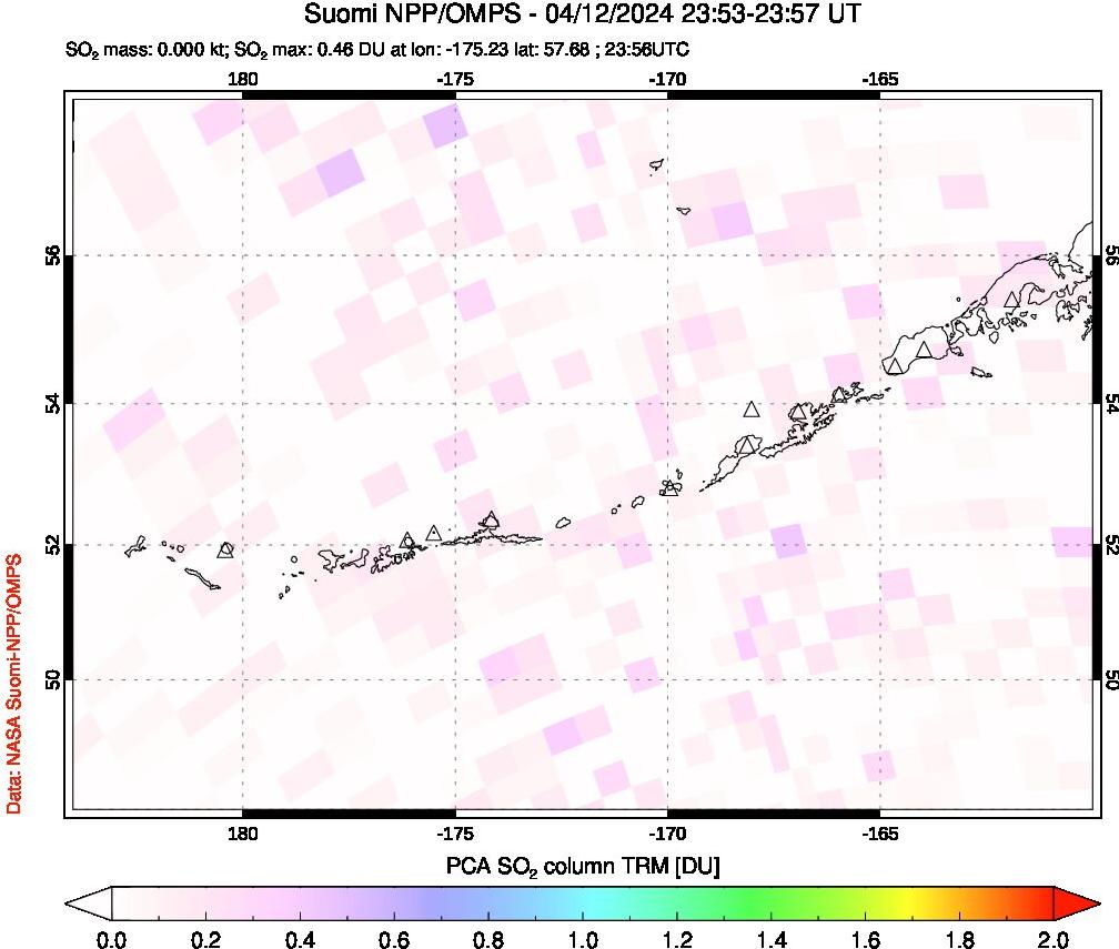 A sulfur dioxide image over Aleutian Islands, Alaska, USA on Apr 12, 2024.