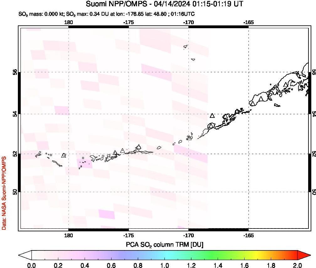 A sulfur dioxide image over Aleutian Islands, Alaska, USA on Apr 14, 2024.