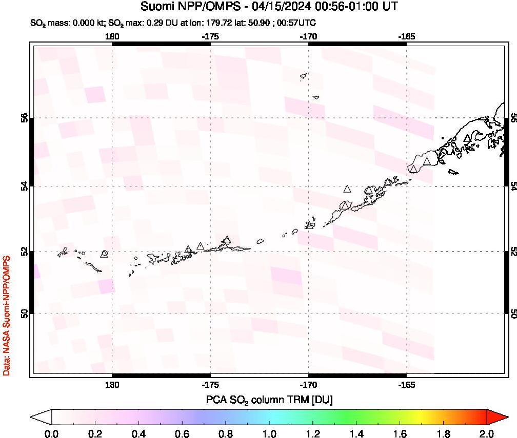 A sulfur dioxide image over Aleutian Islands, Alaska, USA on Apr 15, 2024.