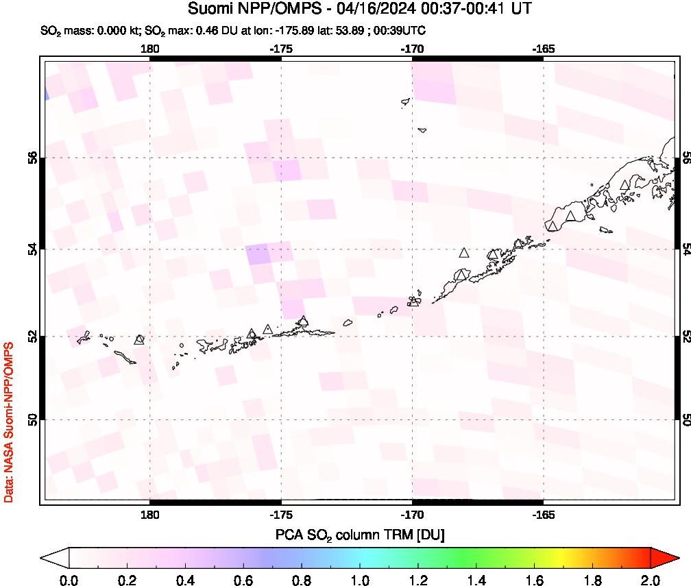 A sulfur dioxide image over Aleutian Islands, Alaska, USA on Apr 16, 2024.