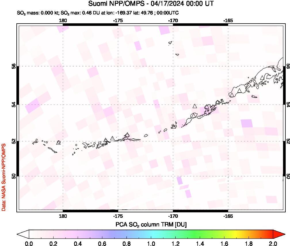 A sulfur dioxide image over Aleutian Islands, Alaska, USA on Apr 17, 2024.