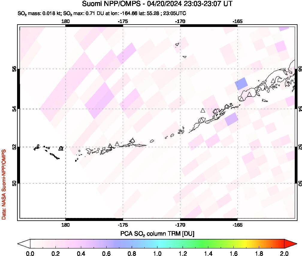 A sulfur dioxide image over Aleutian Islands, Alaska, USA on Apr 20, 2024.