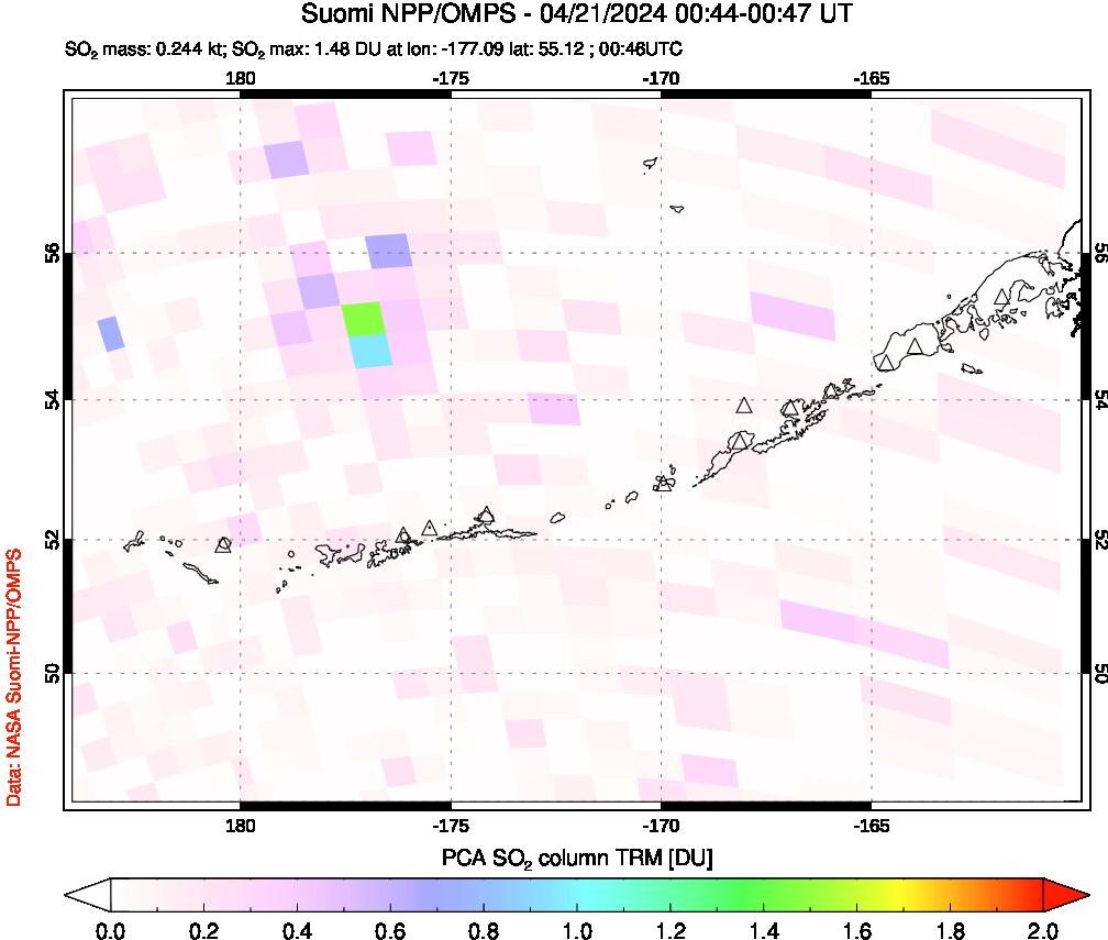 A sulfur dioxide image over Aleutian Islands, Alaska, USA on Apr 21, 2024.