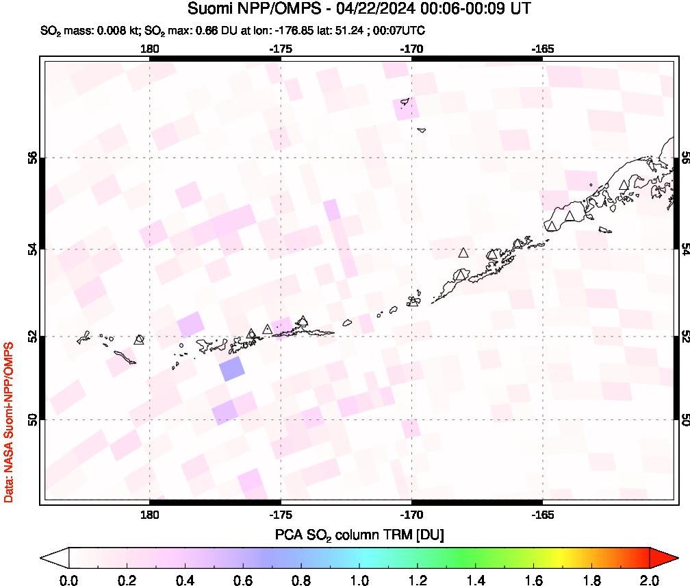 A sulfur dioxide image over Aleutian Islands, Alaska, USA on Apr 22, 2024.