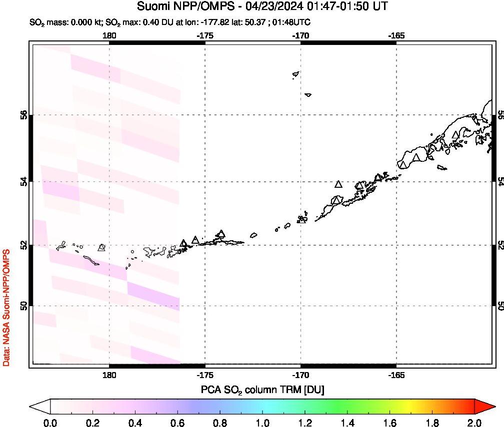 A sulfur dioxide image over Aleutian Islands, Alaska, USA on Apr 23, 2024.