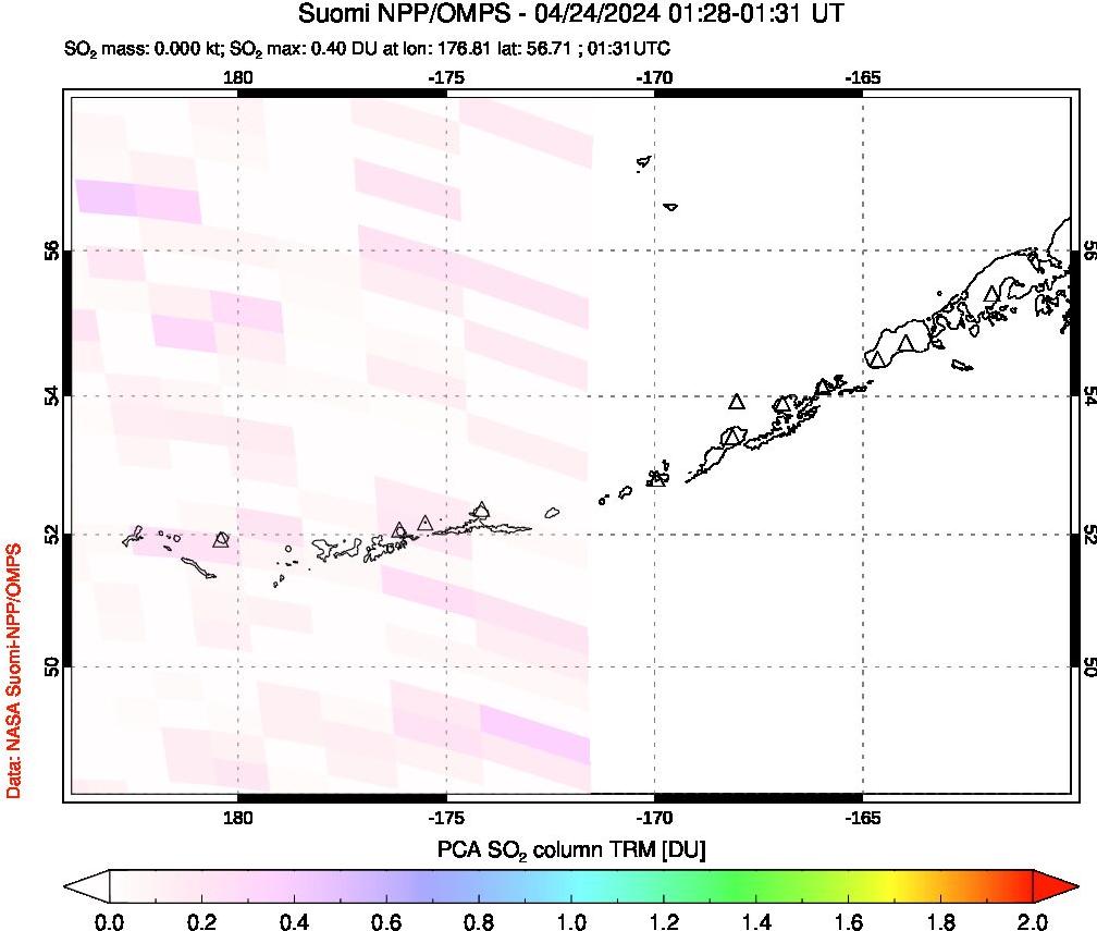 A sulfur dioxide image over Aleutian Islands, Alaska, USA on Apr 24, 2024.