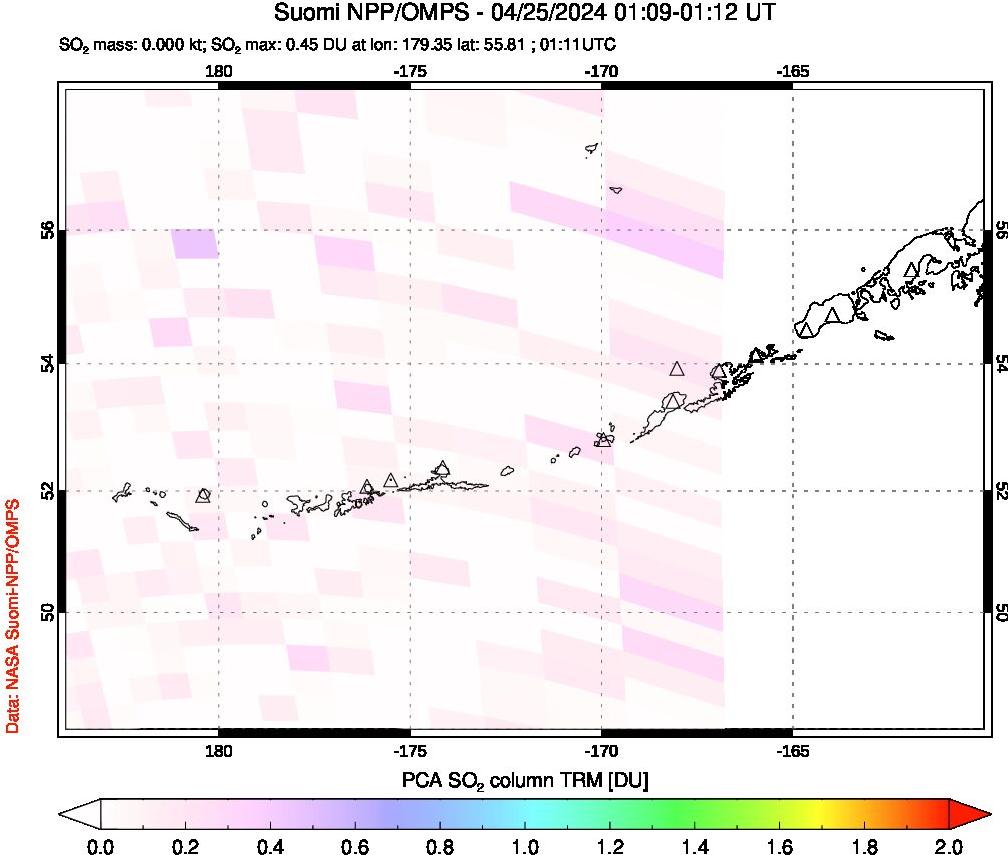 A sulfur dioxide image over Aleutian Islands, Alaska, USA on Apr 25, 2024.